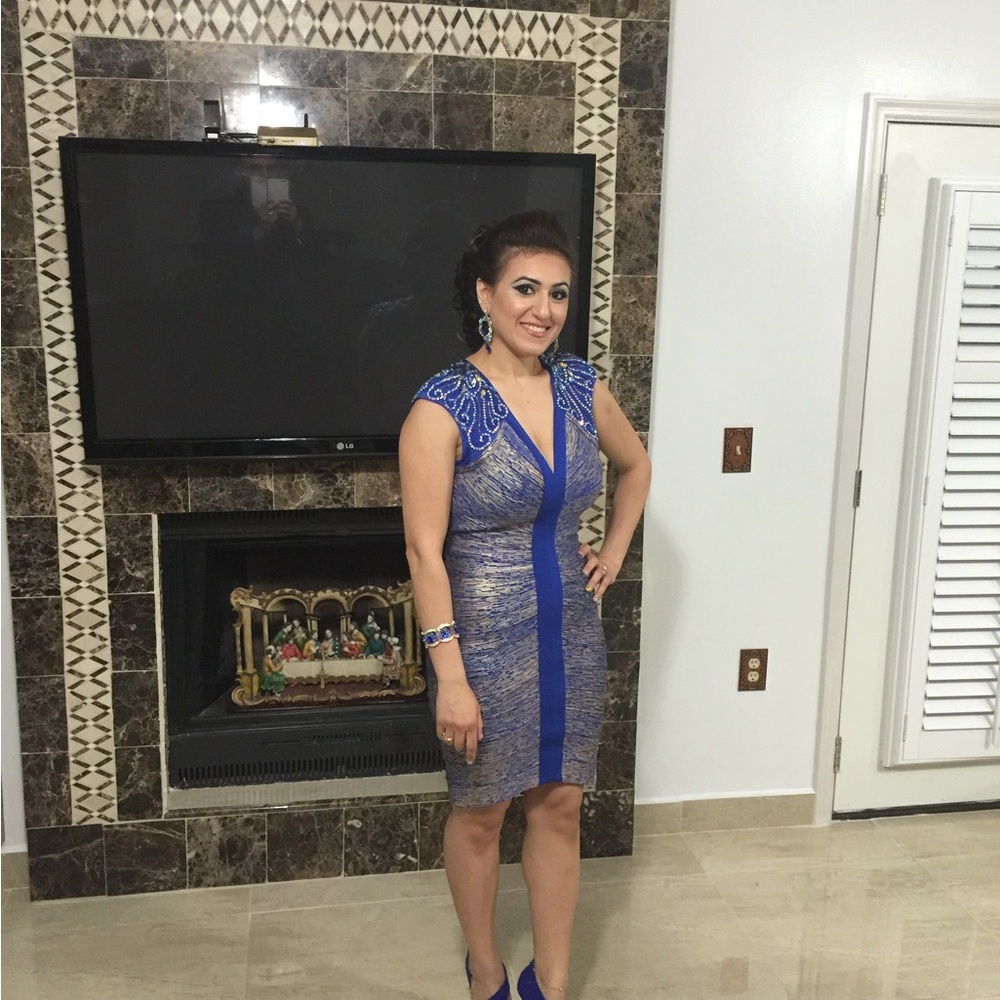 Lucci Lu Royal Blue & Gold Open Back Beaded Dress – Size 8 (Like New)